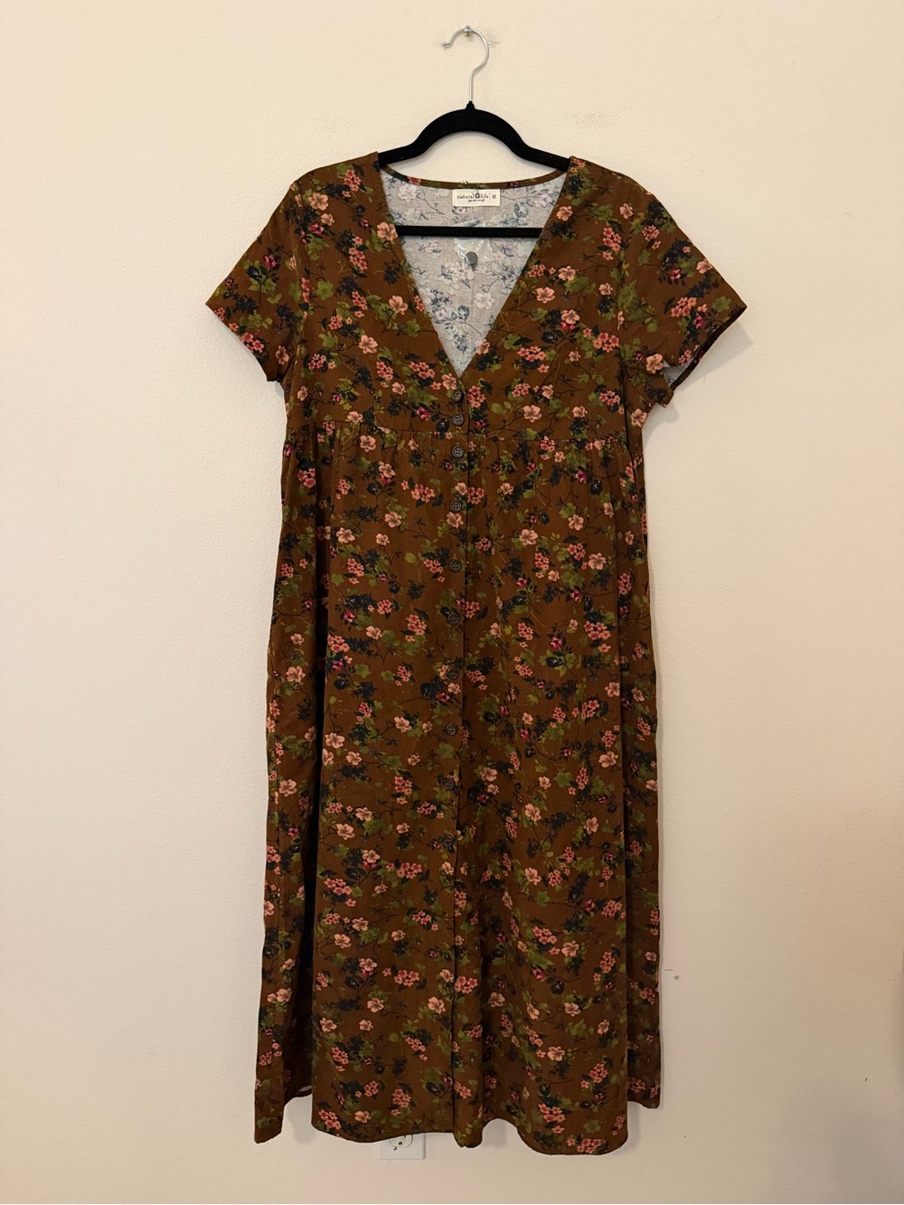 Natural Life Avery Cotton Corduroy Midi Dress Sz M Brown Floral Bouquets Autumn